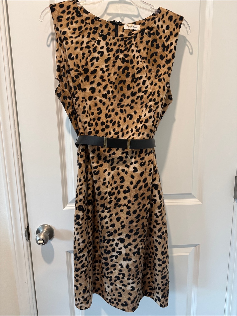 Calvin Klein Leopard Print Midi Sheath Dress in Tan and Black